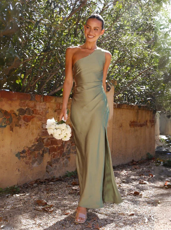 Maxi Dress – One-Shoulder Satin Gown with Elegant Split for Special Occasions
