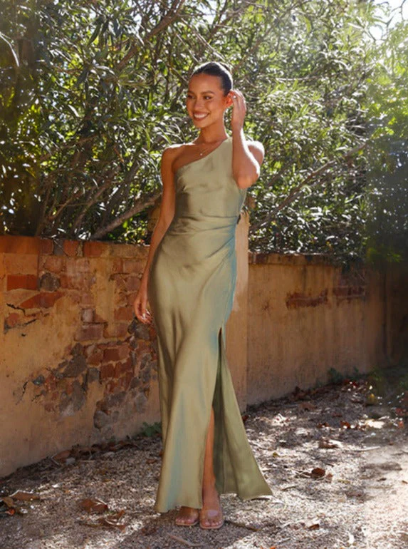 Maxi Dress – One-Shoulder Satin Gown with Elegant Split for Special Occasions - Image 2
